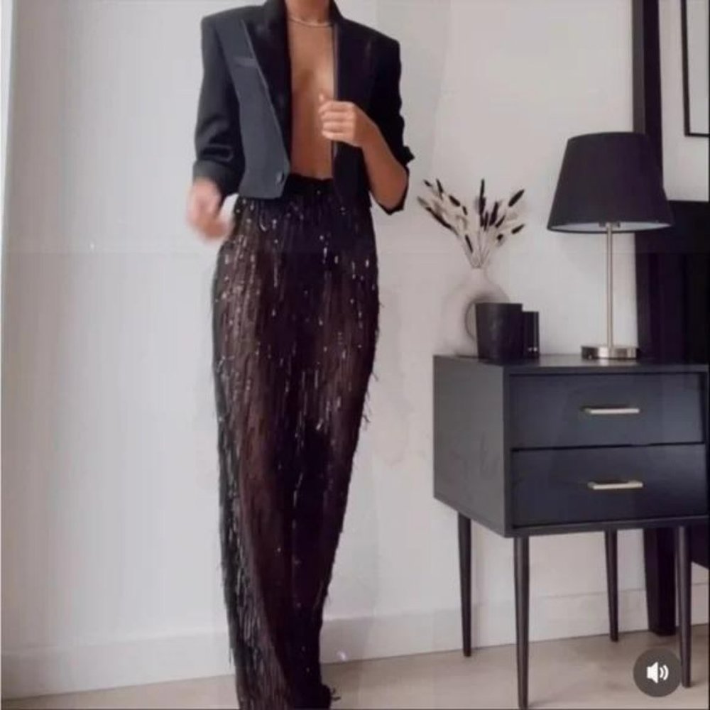 ZARA SEQUIN FRINGED STRAIGHT LEG PANTS